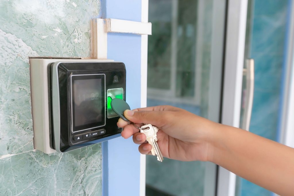 Advanced access control system keypad for secure business entry.
